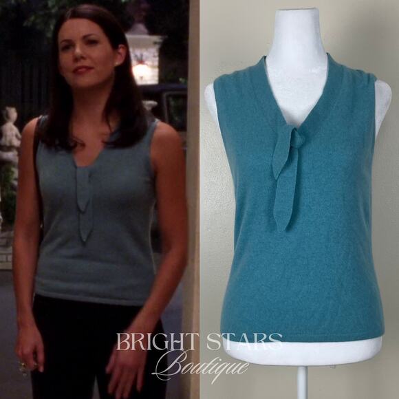 Rare Vintage Sleeveless Cashmere Sweater Vest ASO Lorelai Gilmore Girls Tie Blue - Picture 1 of 10
